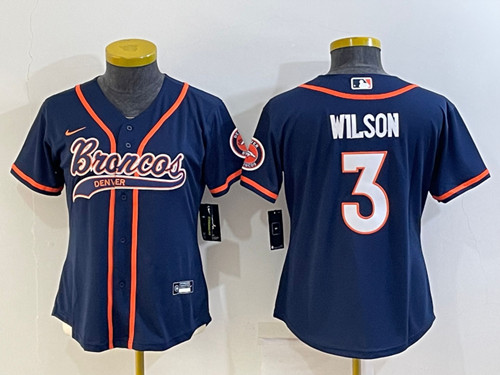 Women's Denver Broncos #3 Russell Wilson Navy With Patch Cool Base Stitched Baseball Jersey(Run Small)